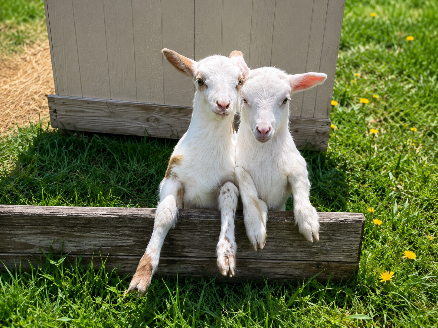 Two young goats together outdoors